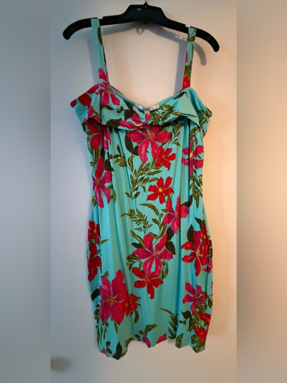 GUESS Turquoise Strapless Floral Sundress with Pink Flowers